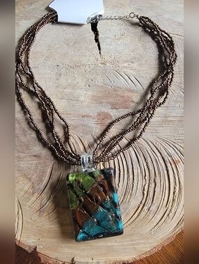 Multistrand Brown Bead Necklace with Multicolor Glass Pendant